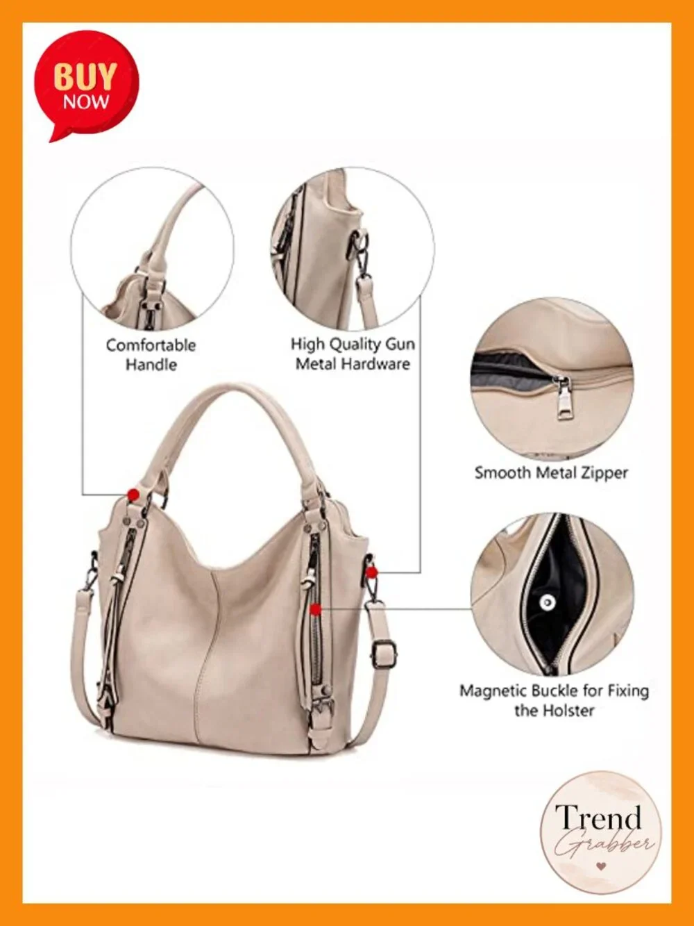 Concealed Carry Hobo Purse Faux Leather Crossbody Tote with Detachable Holster